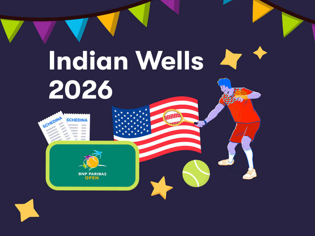 Indian Wells 2026, il logo del torneo BNP Paribas Open, un tennista in azione, la bandiera degli Stati Uniti