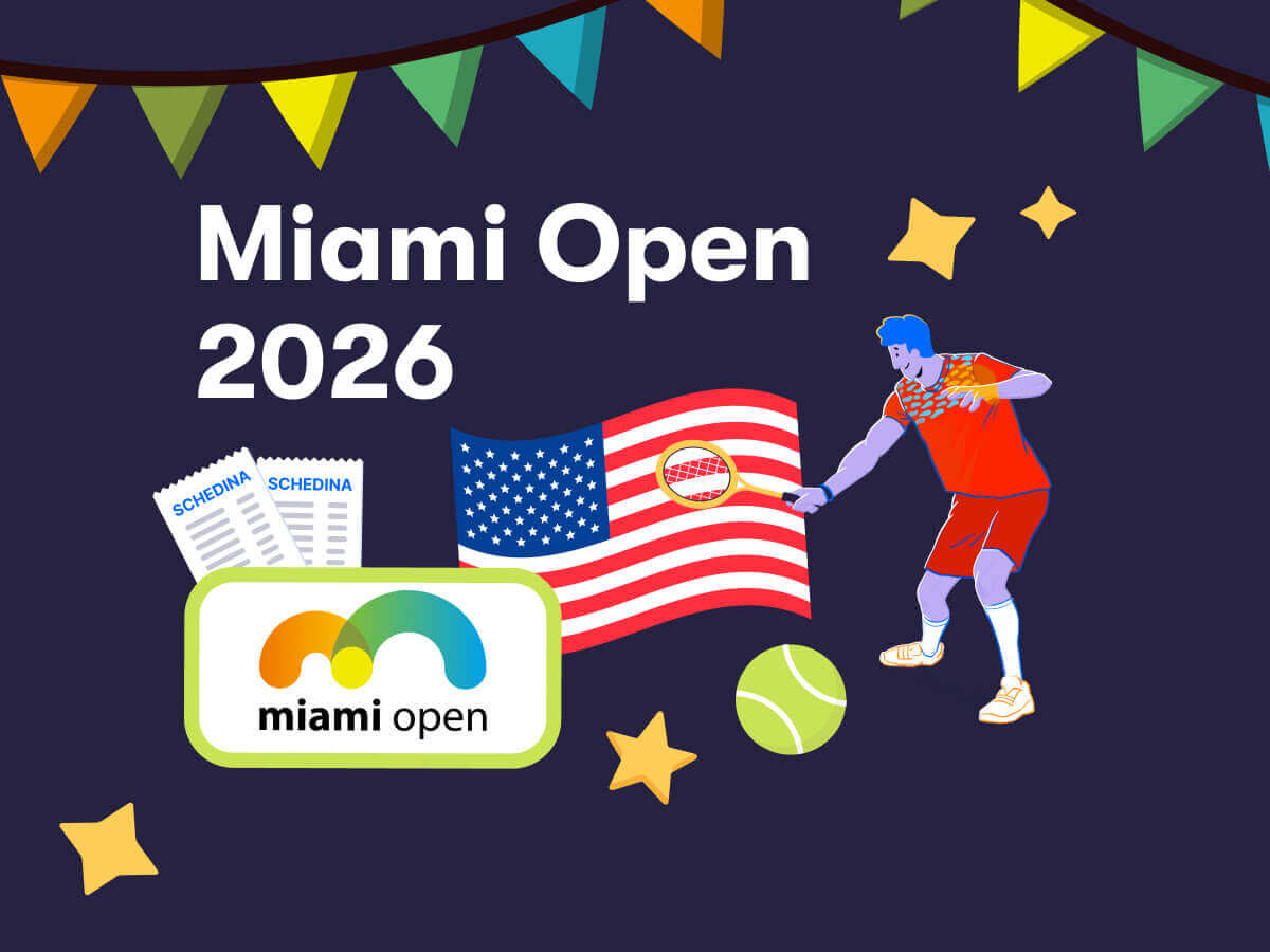 Miami Open 2026, il logo del torneo, un tennista in azione, la bandiera degli Stati Uniti