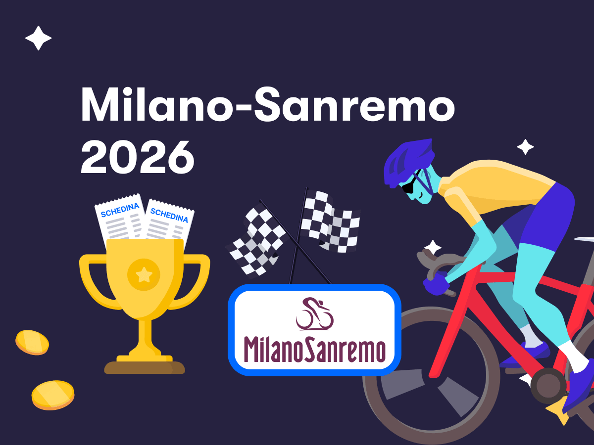 Milano-Sanremo 2026, una coppa, il logo della corsa, un ciclista in azione