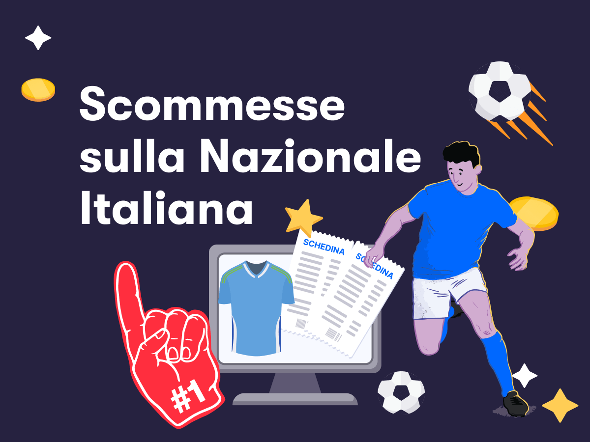 Un giocatore di calcio in azione, due schedine e la maglia della nazionale italiana su un laptop, delle fiche