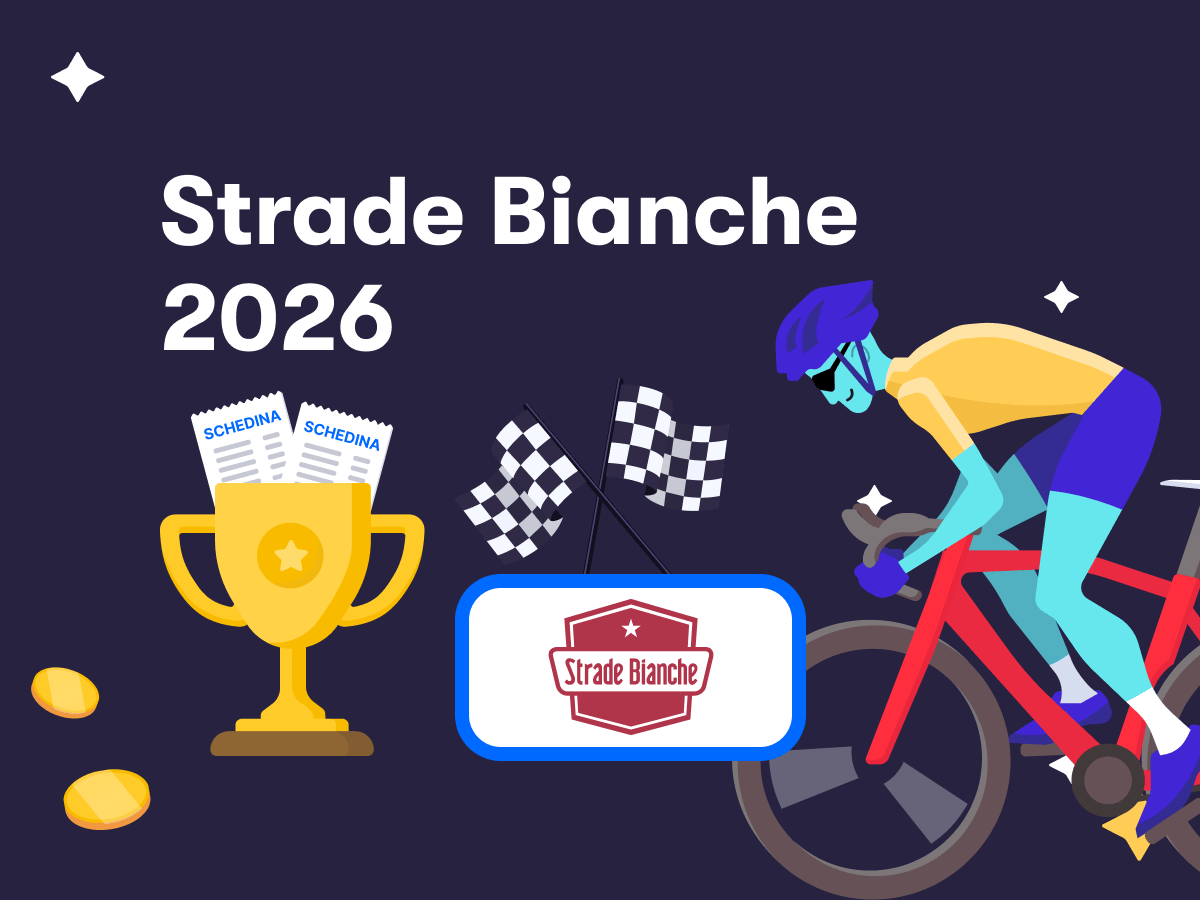 Strade Bianche 2026, il logo, una coppa e un ciclista in azione
