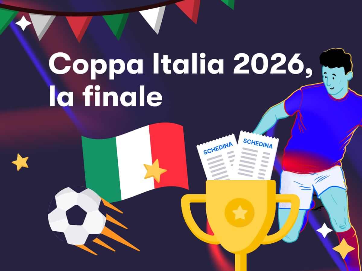 Coppa Italia 2026, la finale: un trofeo con dentro due schedine scommesse, un calciatore in azione con un pallone e la bandiera italiana