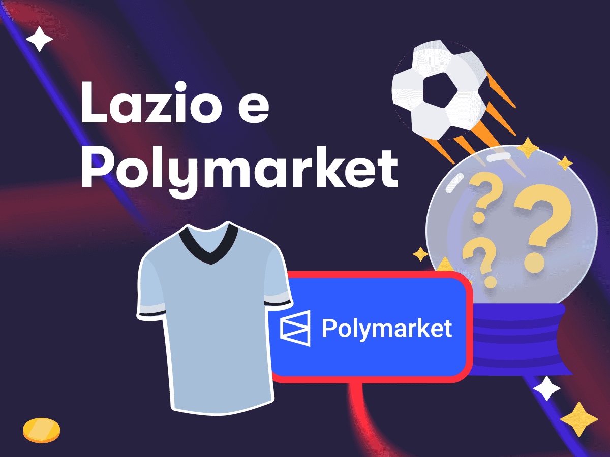 Lazio e Polymarket, la maglia della Lazio, il logo di Polymarket, un pallone da calcio