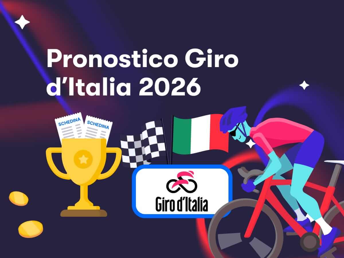 Pronostico Giro d'Italia 2026, una coppa, il logo del Giro d'Italia, un ciclista in maglia rosa in azione