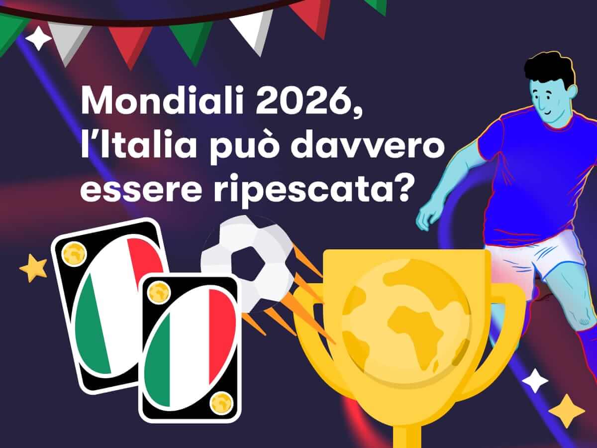Un giocatore di calcio in azione, un trofeo, bandiere dell'Italia su coccarde e carte da gioco