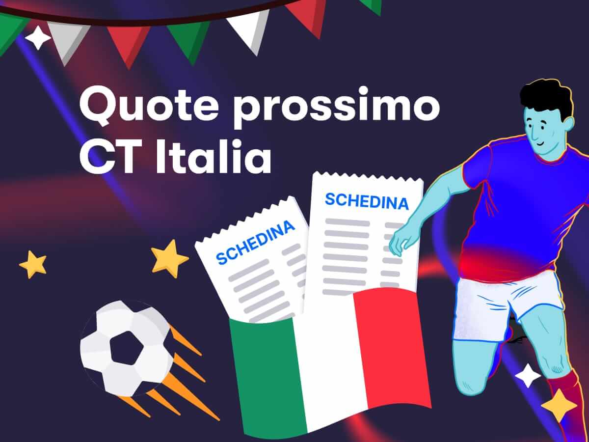 Quote prossimo CT Italia, due schedine, un pallone da calcio, la bandiera dell'Italia e un calciatore della nazionale