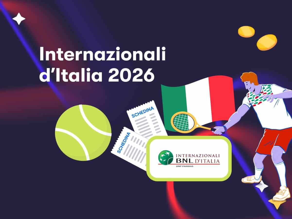 Internazionali d'Italia 2026, un tennista, la bandiera dell'Italia, il logo degli Internazionali BNL di Roma