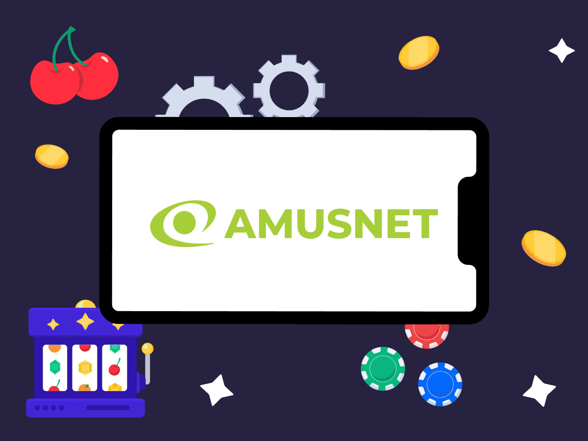 Il logo di Amusnet per casinò, una slot machine delle fiche, delle ciliegie