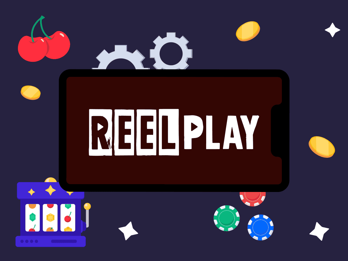Il logo di Reelplay, software provider per casinò, una slot machine, delle fiche, delle ciliegie
