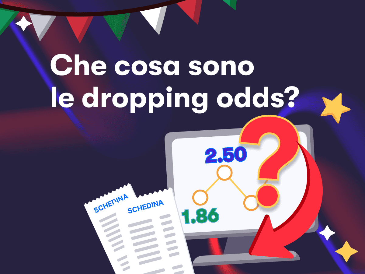 Due schedine, un monitor con dei grafici, frecce verso il basso e un punto di domanda. Che cosa sono le dropping odds?