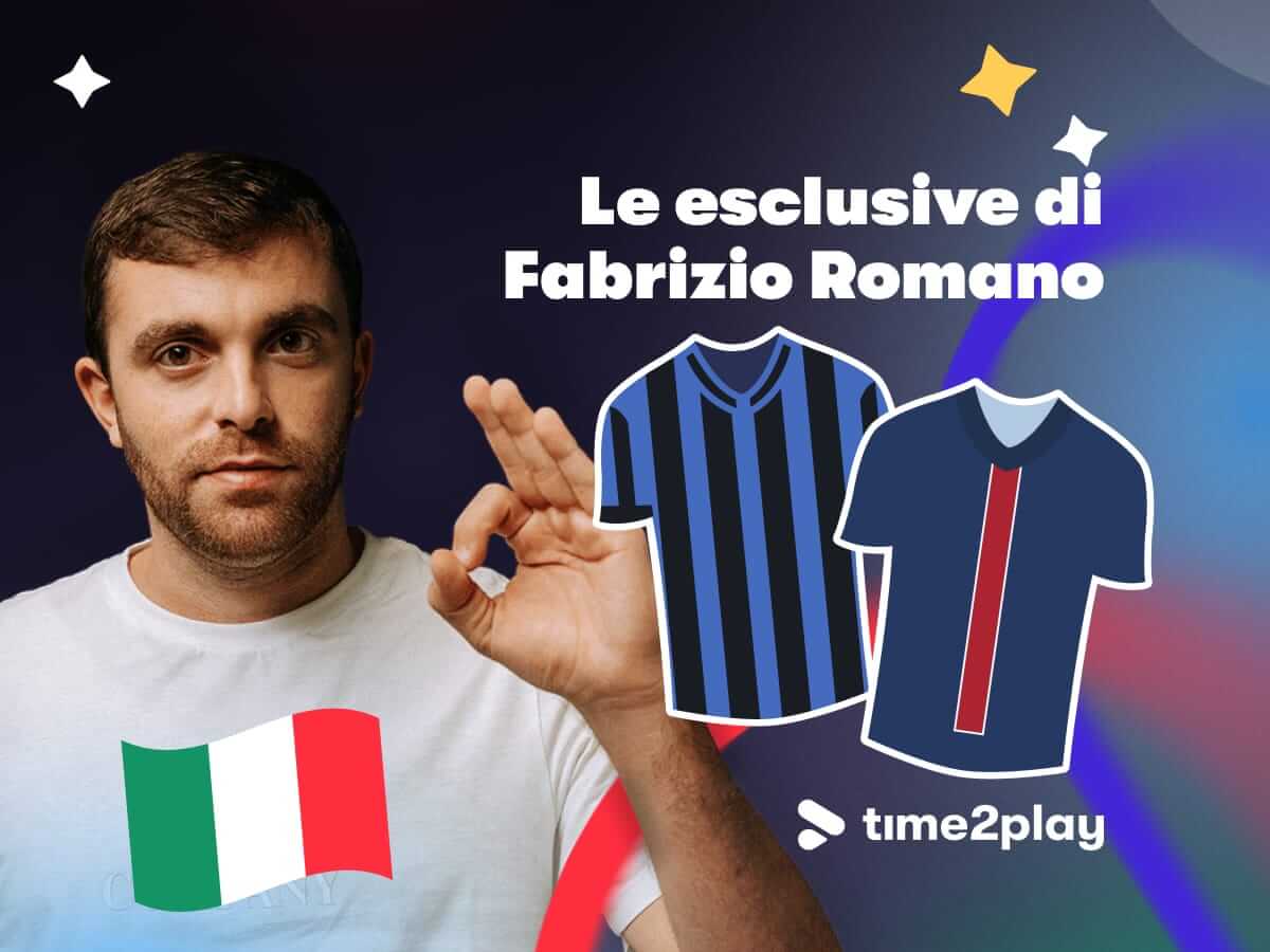 Fabrizio Romano e due maglie stilizzate dell'Inter e del PSG