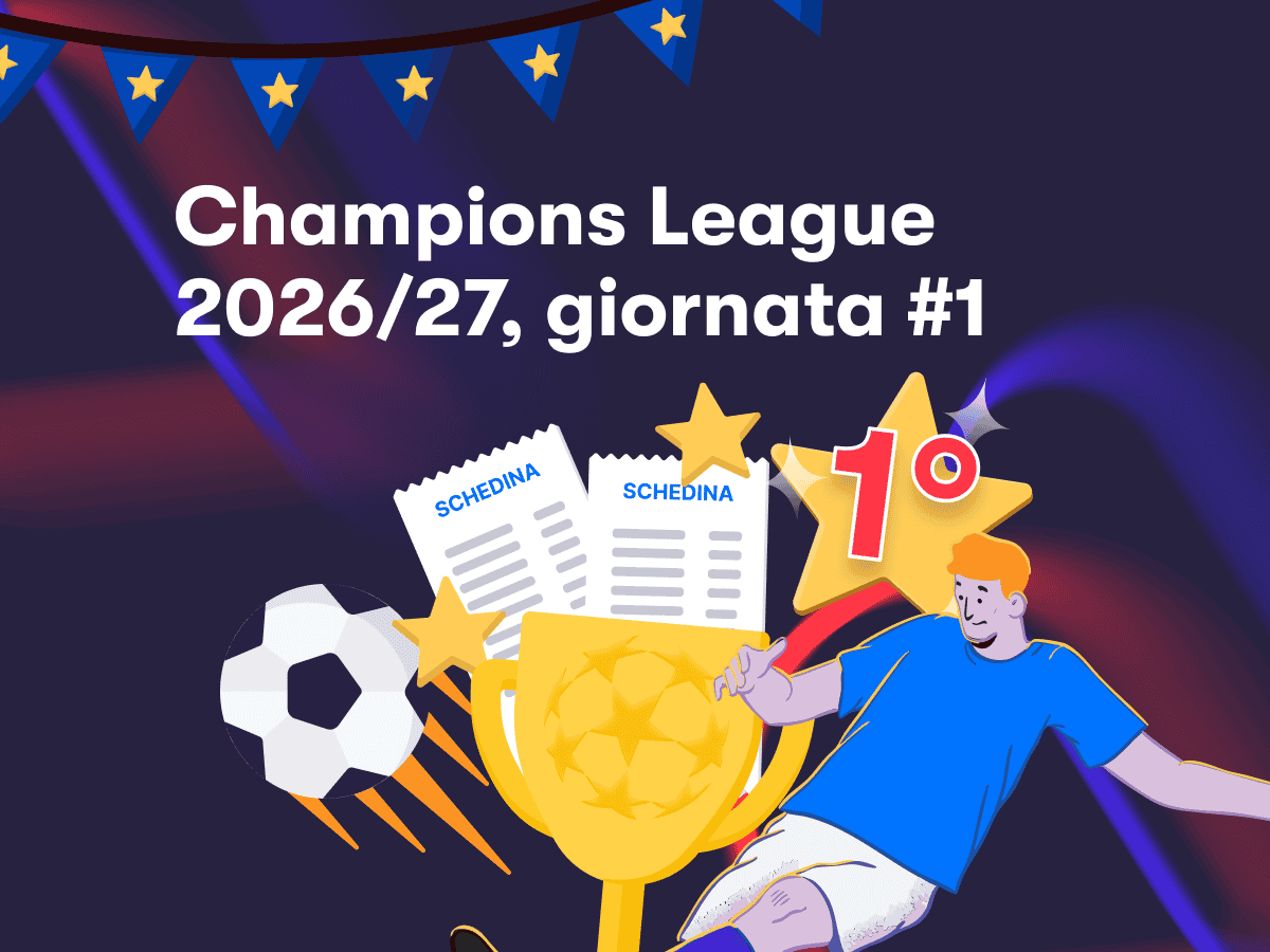 Champions League 2026/27, giornata #1, con un calciatore in azione, due schedine in un trofeo e due stelle