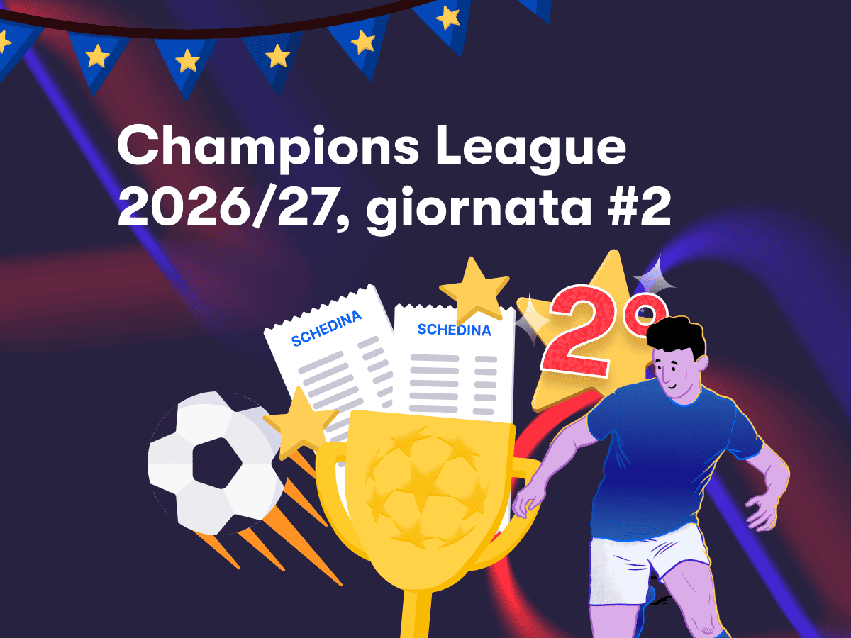 Champions League 2026/27, giornata #2, con un calciatore in azione, due schedine in un trofeo e due stelle