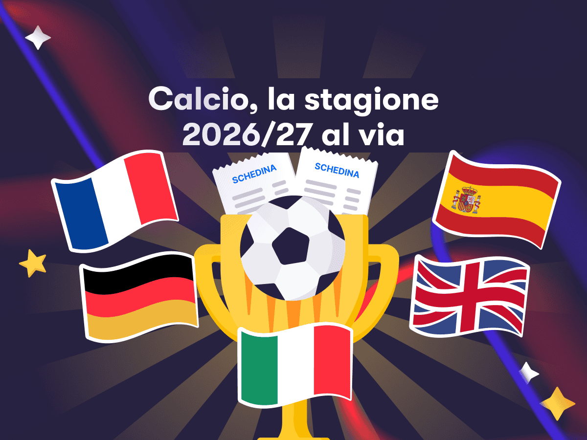 Una coppa, un pallone da calcio, due schedine e le bandiere di Francia, Germania, Italia, Regno Unito e Spagna
