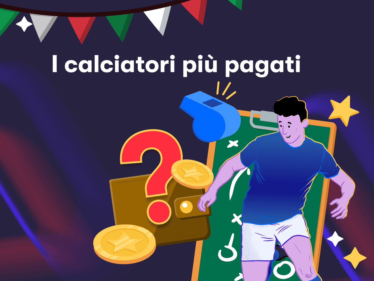 I calciatori più pagati, un giocatore in azione, un fischietto, un punto di domanda e un portafoglio