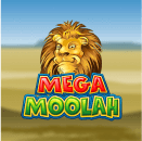 Mega Moolah Schriftzug mit einem lächelnden Löwen