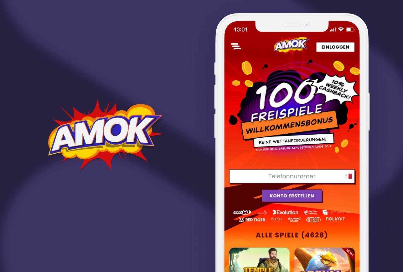 Handy mit 100 Freispiele Willkommensbonus und grossem Amok Casino Logo
