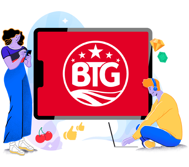 Eine stehende weibliche Figur mit Handy und eine sitzende männliche Figur mit Laptop neben einem grossen rot-weissen Big Time Gaming Logo.