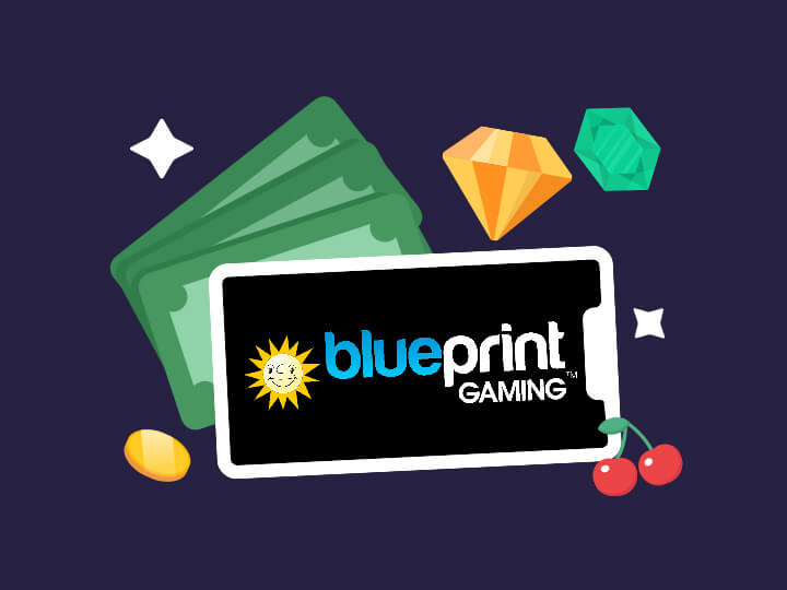 Blueprint Gaming Logo mit der Sonne, Geldscheine und Casino Symbolen