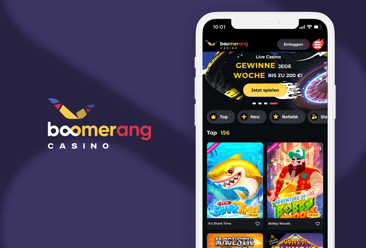 Ein Smartphone mit 200 € Live Casino Angebot mit 2 Top Spielen darunter und dem Boomerang Casino Logo auf der linken Seite.