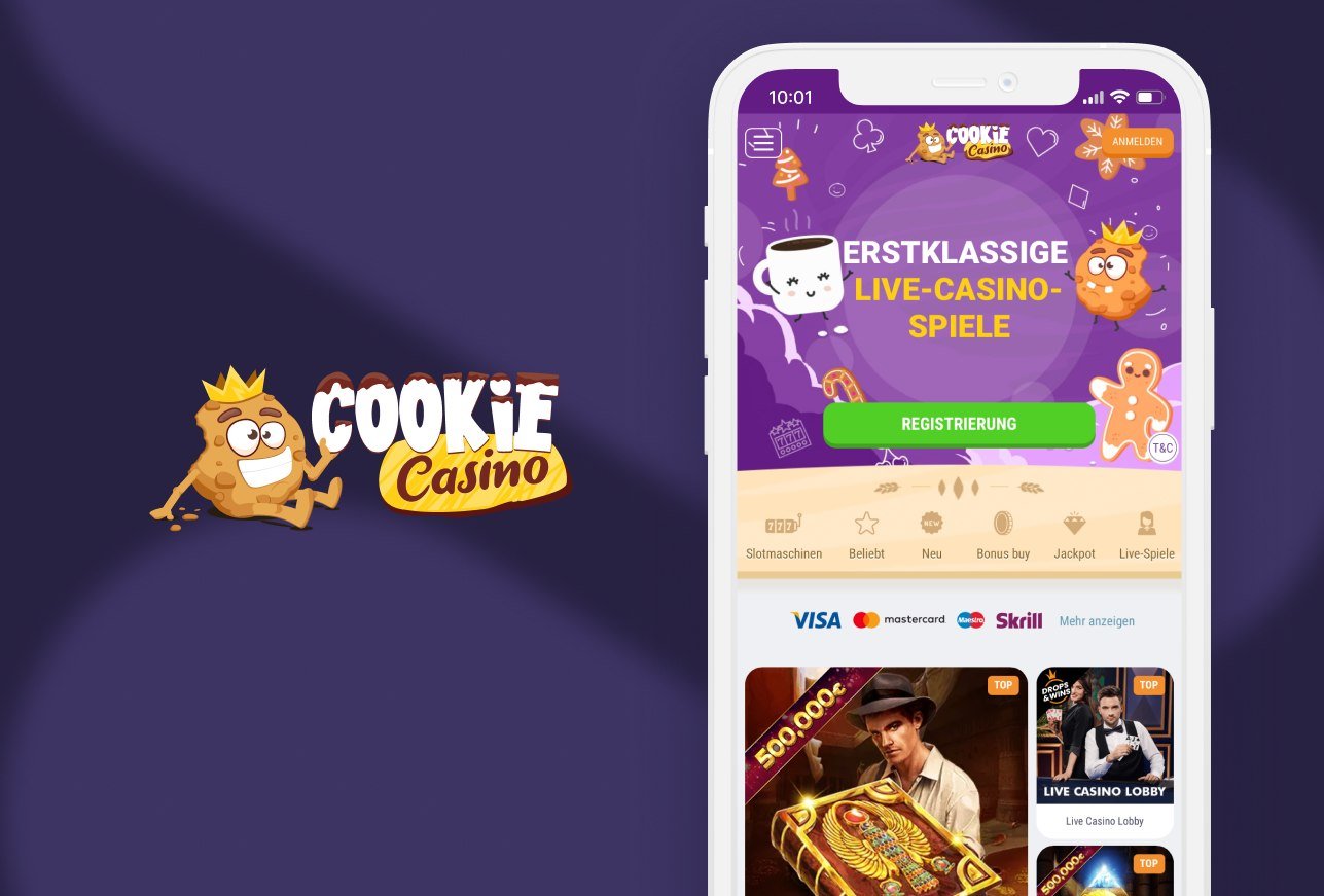 Cookie Casino Logo mit sitzendem Keks und ein Smartphone mit Live Casino Banner