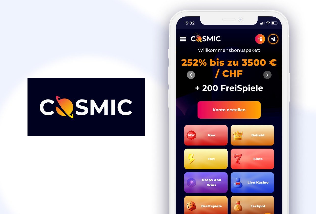 Smartphone mit Cosmic Logo, Casino Bonus und Spiele Kategorie