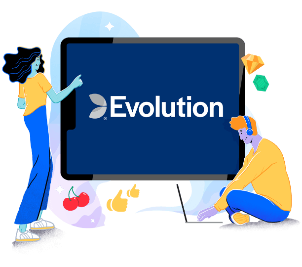Zwei Personen sitzen und stehen vor einem Bildschirm mit dem Evolution Gaming Logo.