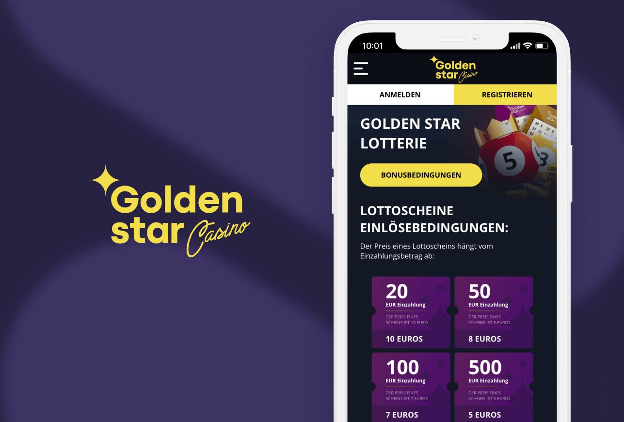 Smartphone mit Lotterie Vorschau und Golden Star Casino Logo
