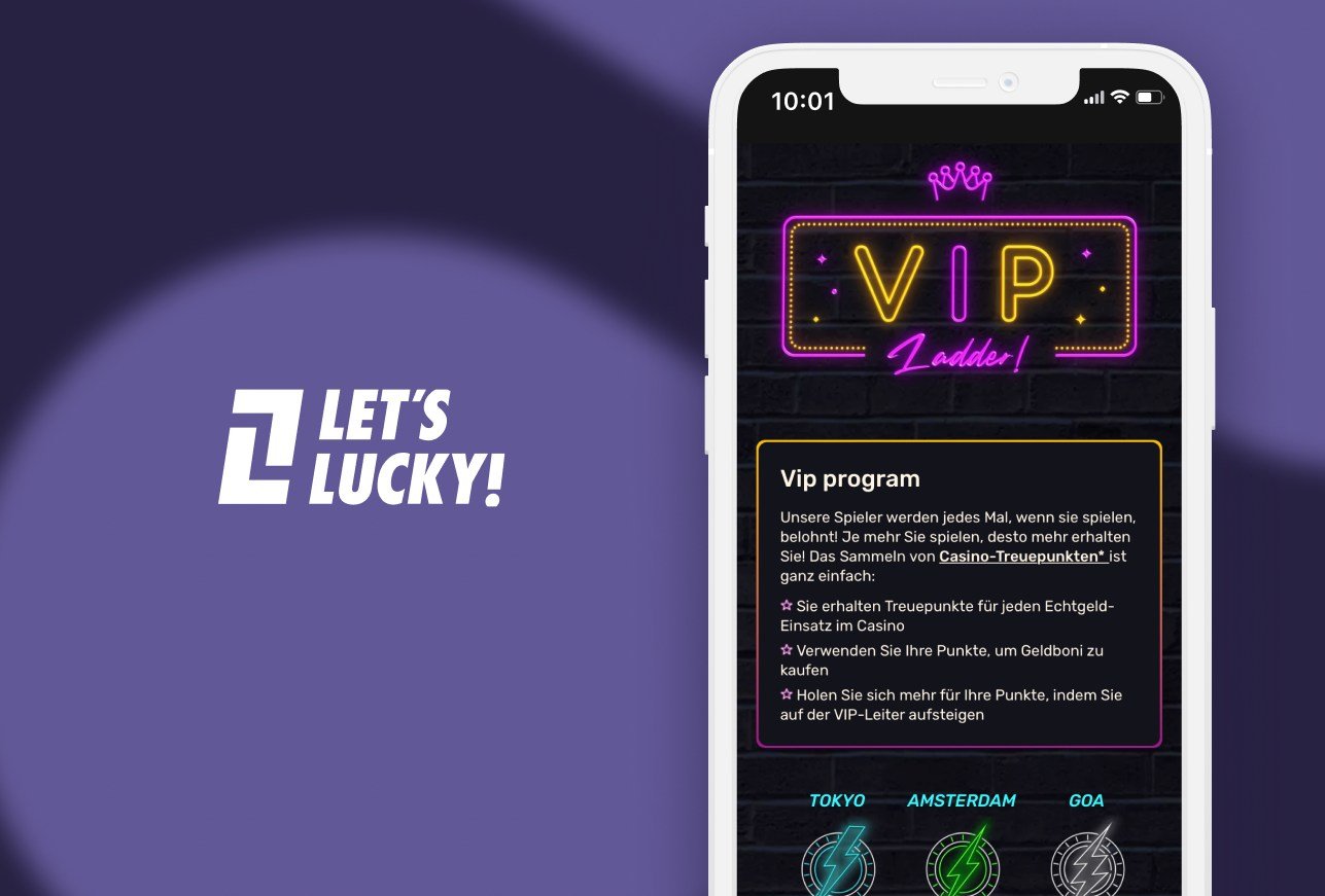 Let's Lucky Logo neben einem Smartphone, welches eine VIP-Programm Vorschau zeigt.