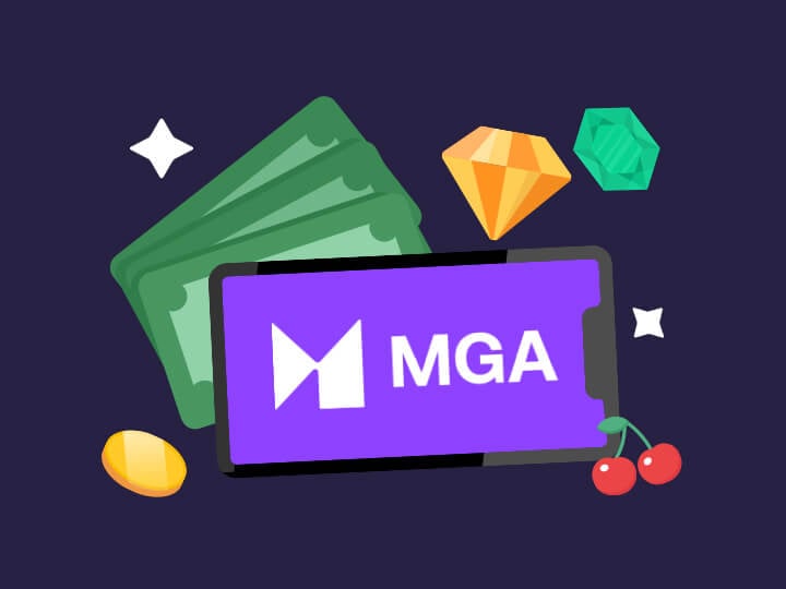 MGA Logo auf einem Smartphone mit Geldscheinen und Casino Symbolen
