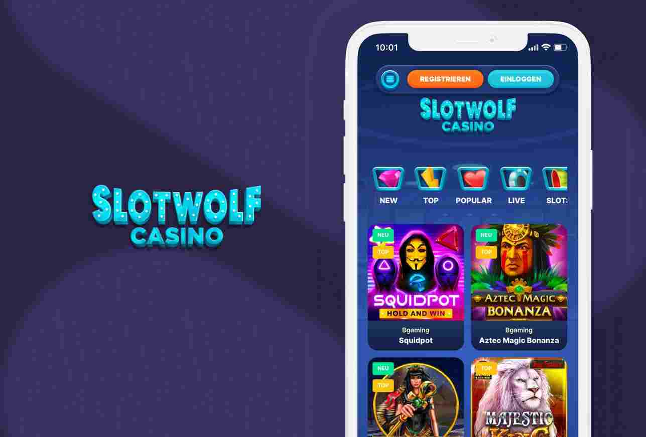 Hellblauer Slotwolf Casino Schriftzug auf der linken Seite. Auf der rechten Seite ist ein Smartphone, welches die orangene Registrier-Schaltfläche und eine blaue Einloggen-Schaltfläche zeigt sowie 5 Spielkategorien zeigt und 4 Slot-Abbildungen zum Spielen.