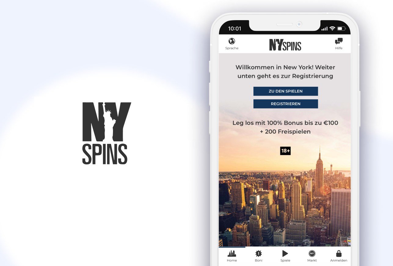 Smartphone mit New York Skyline, Willkommensbonus und Nyspins Casino Logo