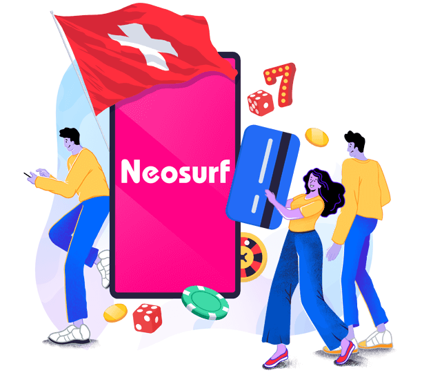 Drei Figuren laufen um Handy mit Neosurf Logo umgeben von Schweizer Flagge