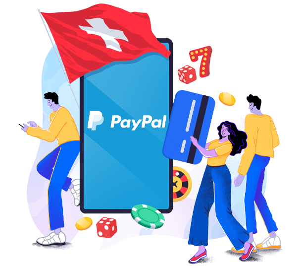 Zwei maennliche und eine weibliche Figur stehen um ein grosses blauen Smartphone herum, welches das PayPal Logo zeigt sowie die Schweizer Flagge. Es ist umrandet mit diversen Casino Symbolen.