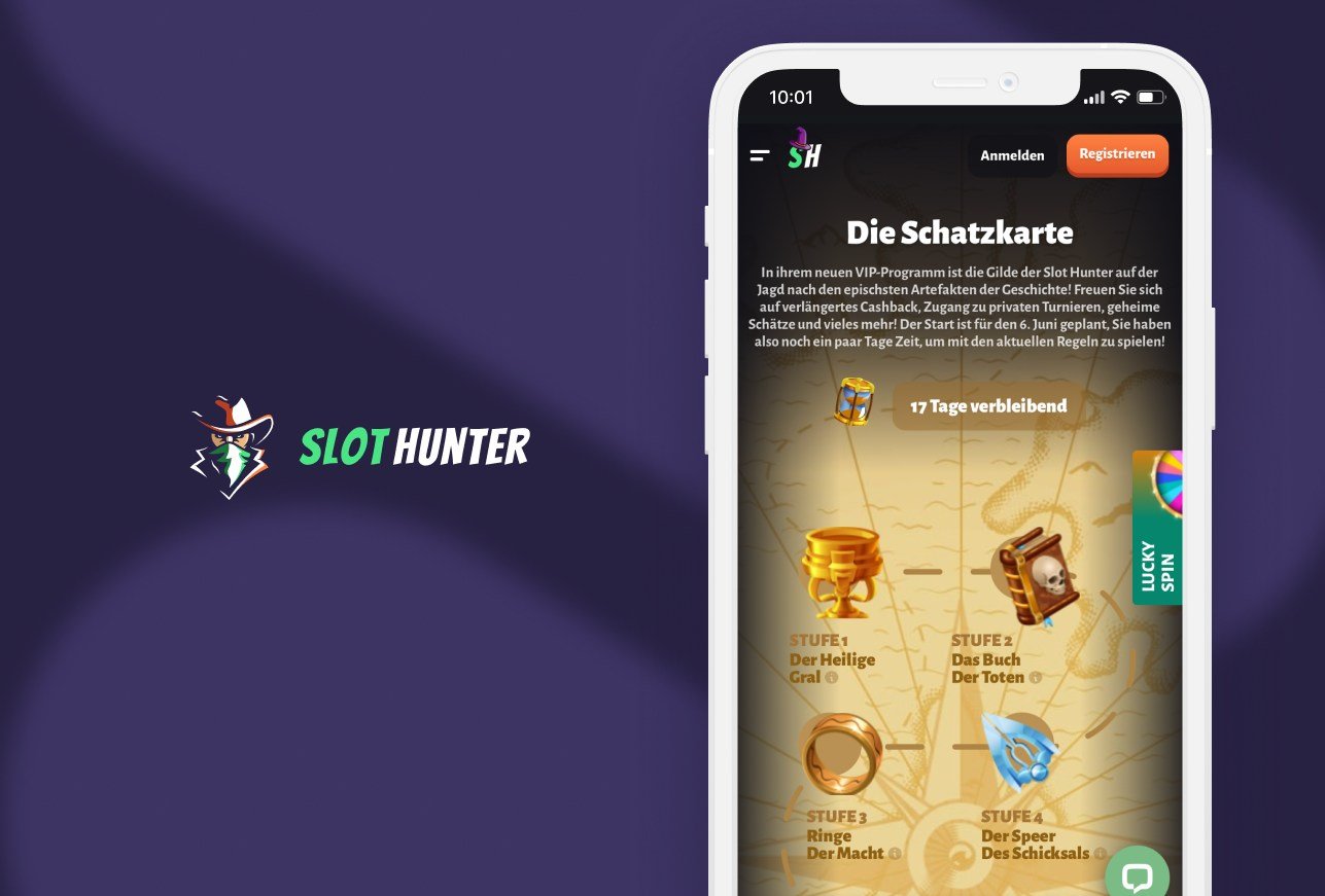 Links: Slot Hunter Logo. Rechts: Handy mit Schatzkarte und 4 Stufen des VIP Programms