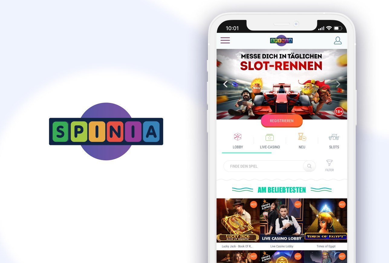 Smartphone mit täglichen Slot-Rennen und buntem Spinia Casino Logo