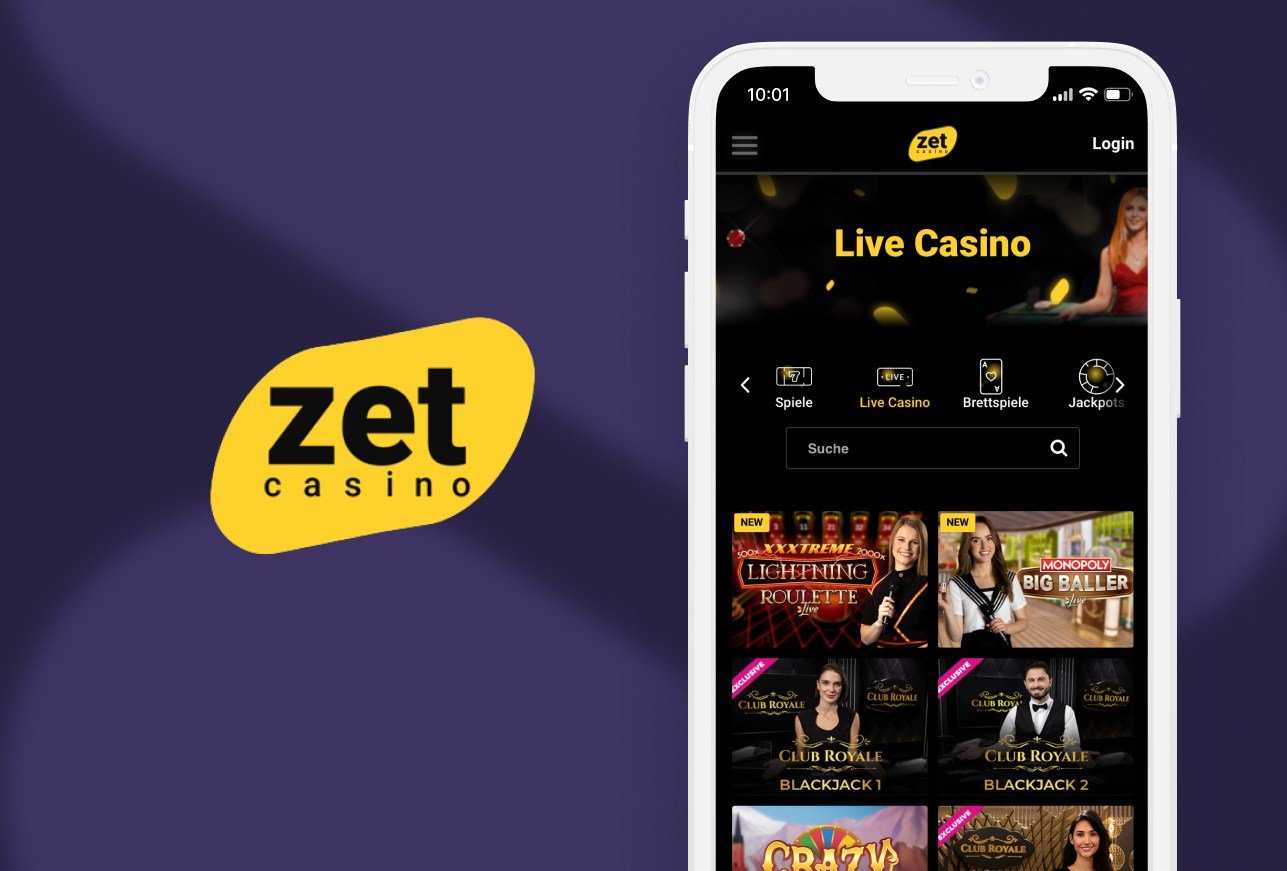 Links: ZetCasino Logo. Rechts: Handy mit Live Casino Lobby und Vorschau von 4 Spielen