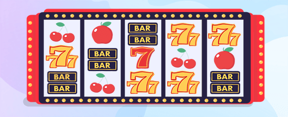 Fuenf-Walzen-Spielautomat mit goldenen Sieben, Bar-Symbolen und Kirschen.
