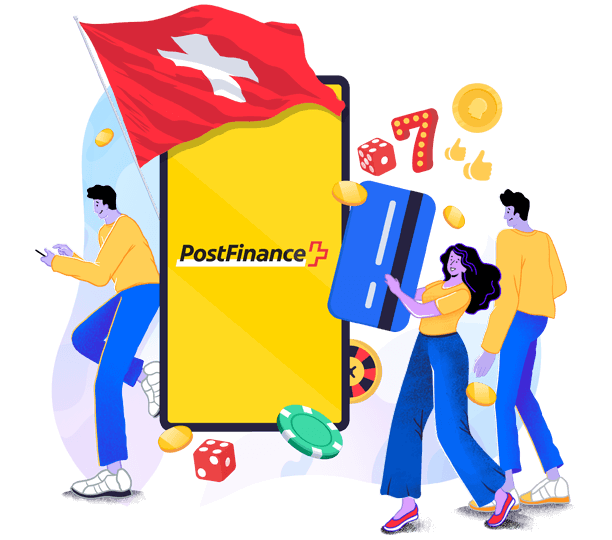 Drei Figuren rennen um Handy mit PostFinance Logo