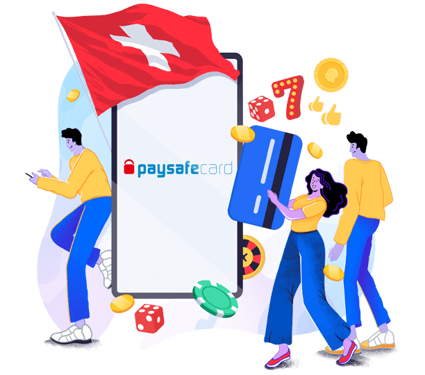 Zwei männliche und eine weibliche Figur stehen um ein grosses Smartphone herum, welches das Paysafecard Logo zeigt sowie die Schweizer Flagge. Es ist umrandet mit einigen Casino Symbolen und die weibliche Figur hält zudem eine blaue Bankkarte in der Hand.