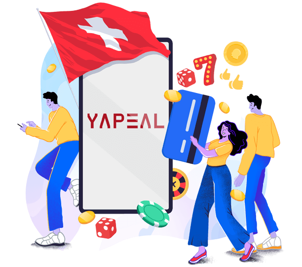 Drei Figuren sind neben Handy mit dem YAPEAL Logo und Schweizer Flagge