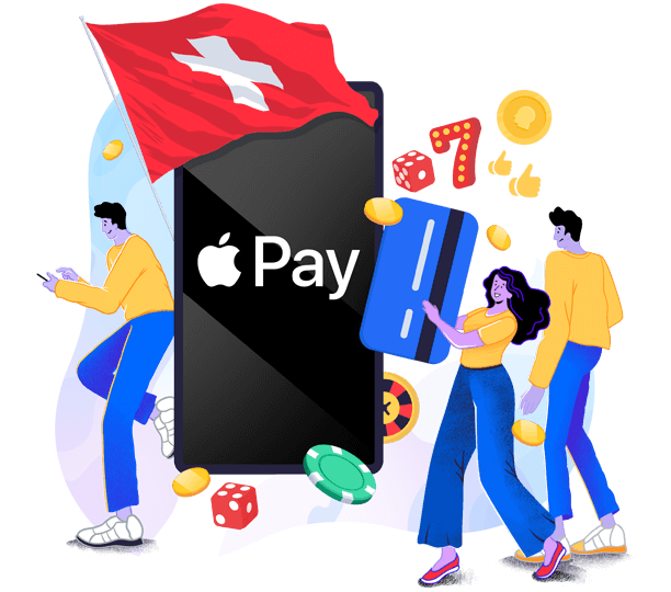 Drei Comic Figuren laufen um eine Schweizer Flagge und ein Handy herum, welches das Apple Logo zeigt
