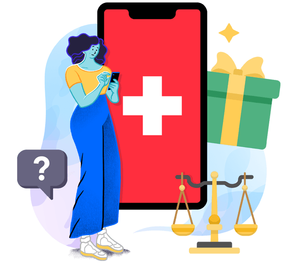 Frau vor Handy mit Schweizer Kreuz als Display