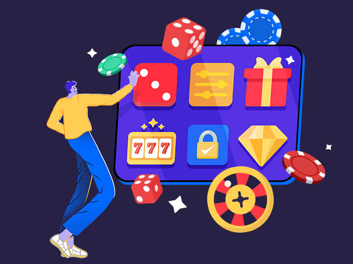 Spielfigur steht neben einem Angebot an verschiedener Casino Software