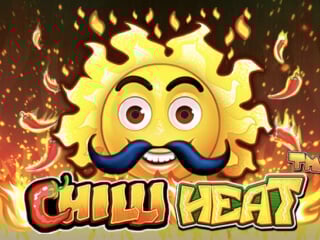 Mit Feuer umrandeter Chilli Heat Schriftzug und ein gelbes Gesicht mit einem Schnauzbart