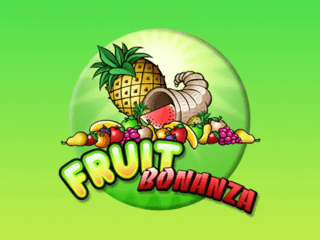 Fruchtansammlung vor dem Schriftzug Fruit Bonanza vor gruenem Hintergrund