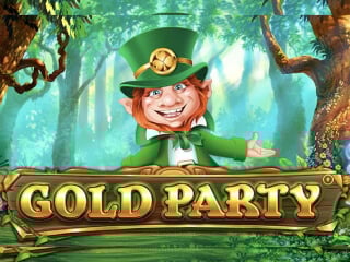Gold Party Schriftzug mit einem rothaarigen Kobold
