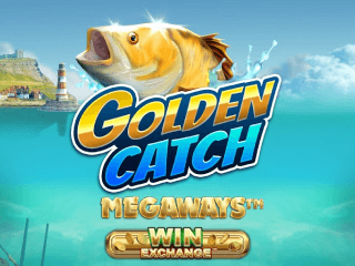 Fisch springt aus Wasser hinter Golden Catch Megaways Schriftzug