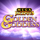 Golden Goddess Megajackpots Slot Logo vor einem leuchtenden lila Hintergrund