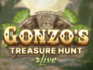 Schriftzug von Gonzos Treasure Hunt Live vor indigener Steinskulptur aus Suedamerika